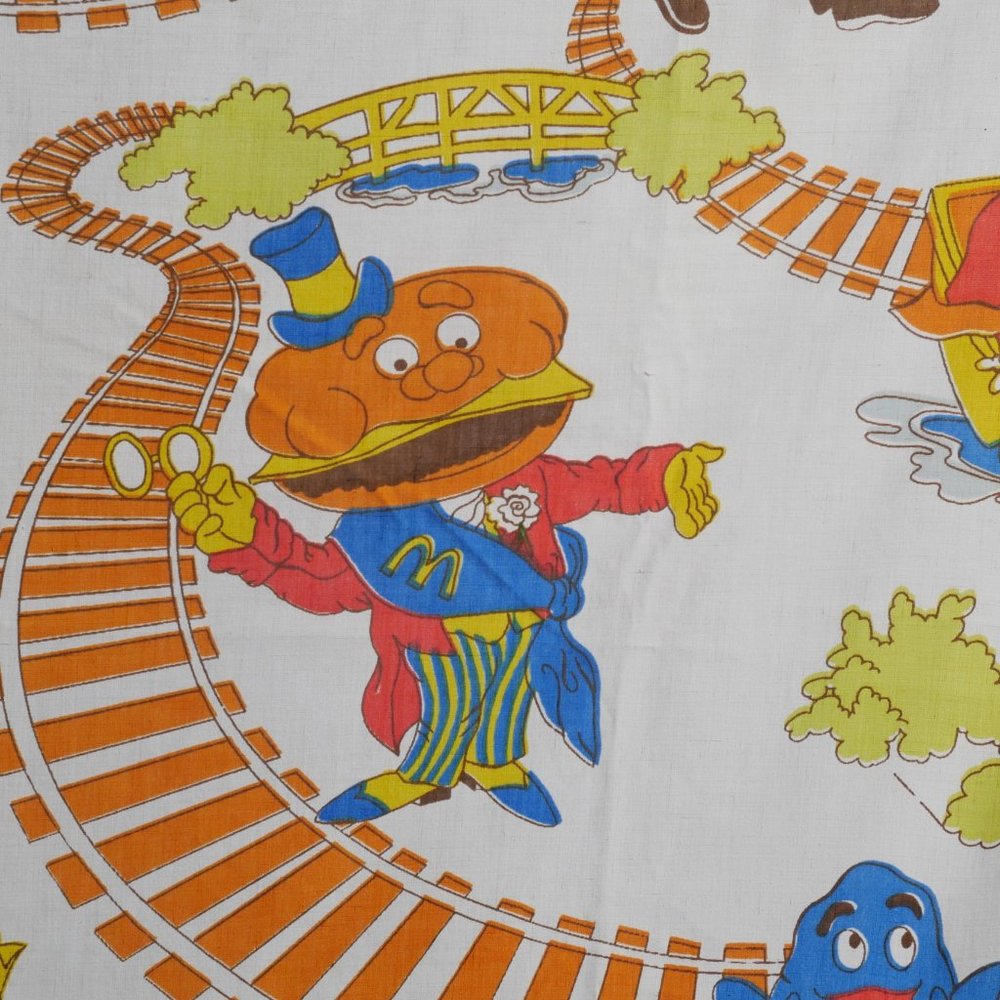 McDonalds Flat Sheet Pillowcase Ronald Big Mac Train 78x88" 1976 Sears Percale
